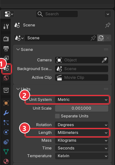 Blender Scene Properties with Unit System set to Metric and Length set to Millimeters