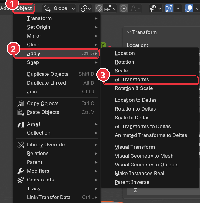 Object menu open at Apply, All Transforms