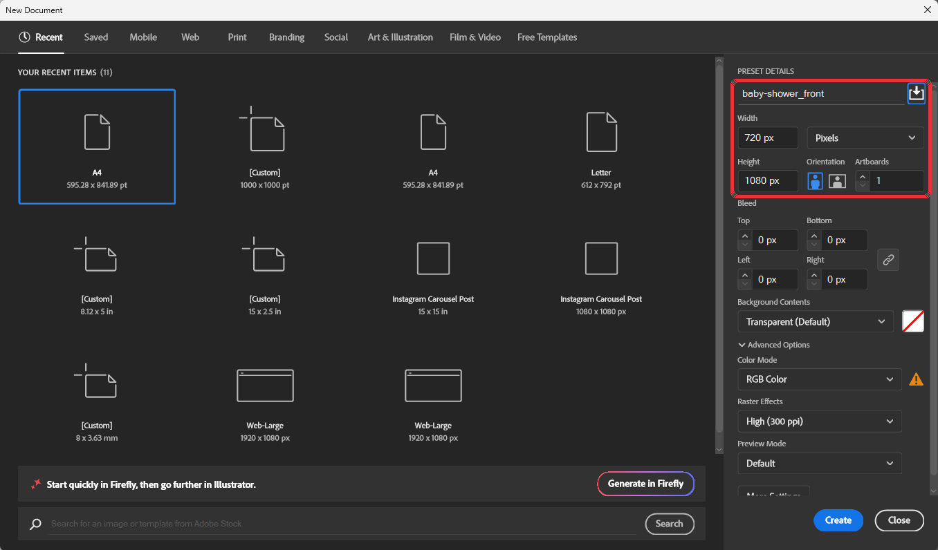 Illustrator New Document dialog set to baby-shower_front, 720 by 1080 pixels, RGB