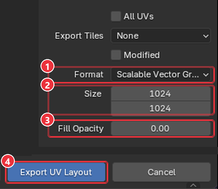 Blender Export UV Layout dialog with SVG format, size fields and fill opacity