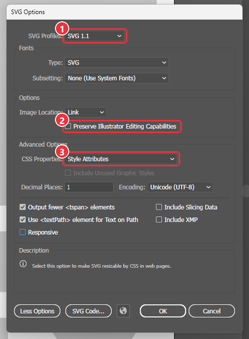 Illustrator SVG Options dialog with SVG 1.1 and Style Attributes selected