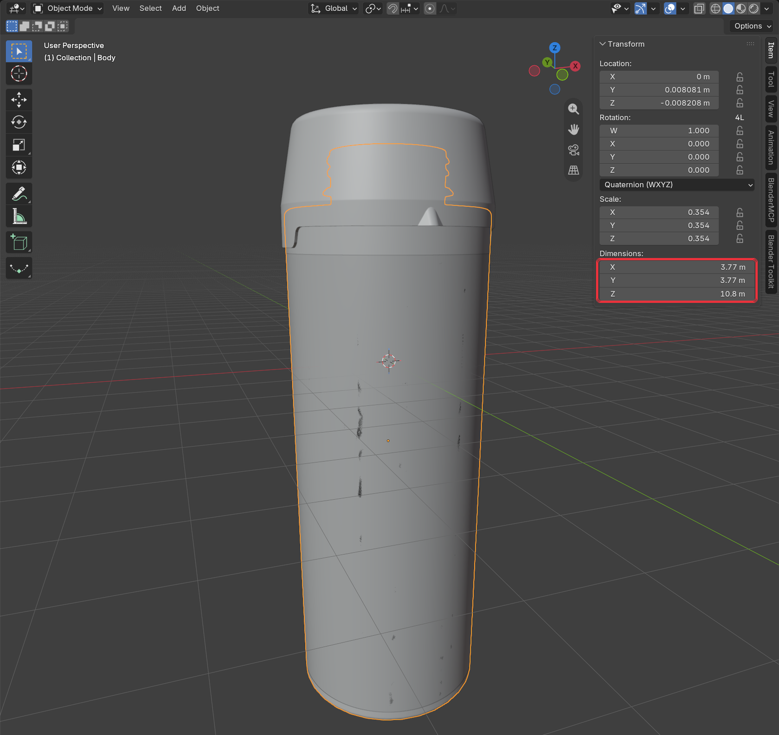 Bottle in the Blender viewport with the Item panel showing its dimensions