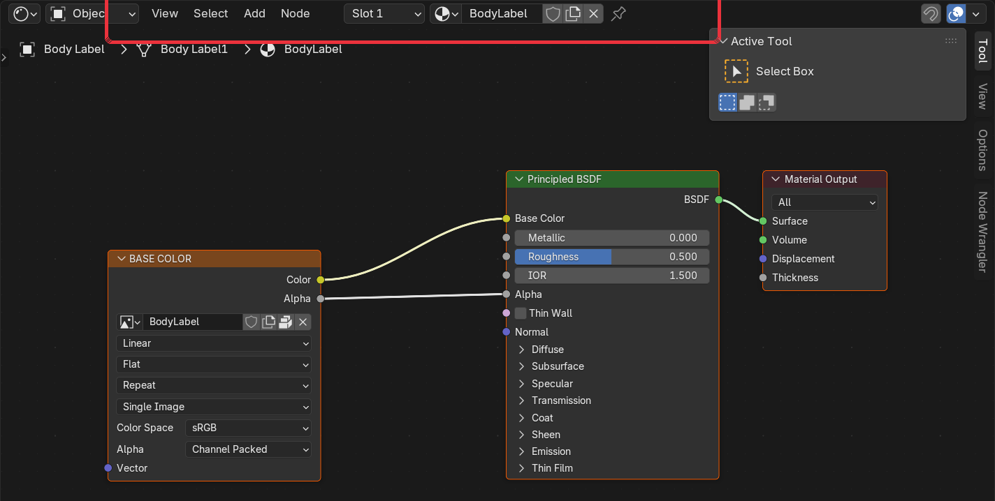 Shader Editor showing an Image Texture node feeding Base Color and Alpha of the Principled BSDF