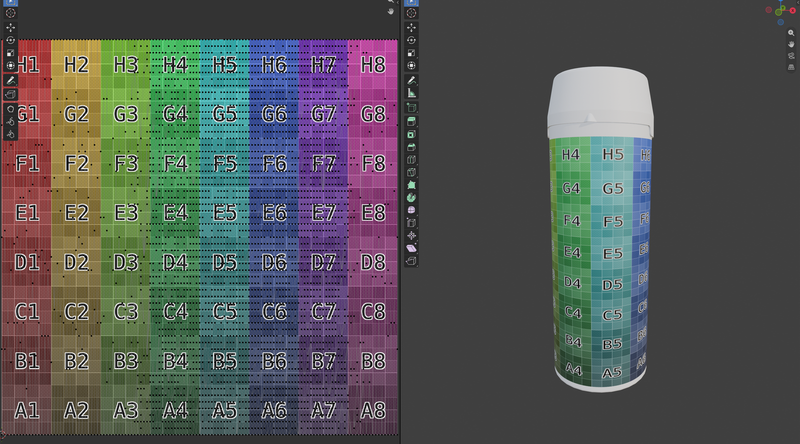 UV Editor with the Color Grid and the bottle label showing even square cells