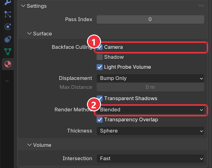 Material Settings with Backface Culling on and Render Method Blended
