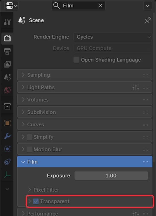 Blender Render Properties with the Film panel open and Transparent ticked