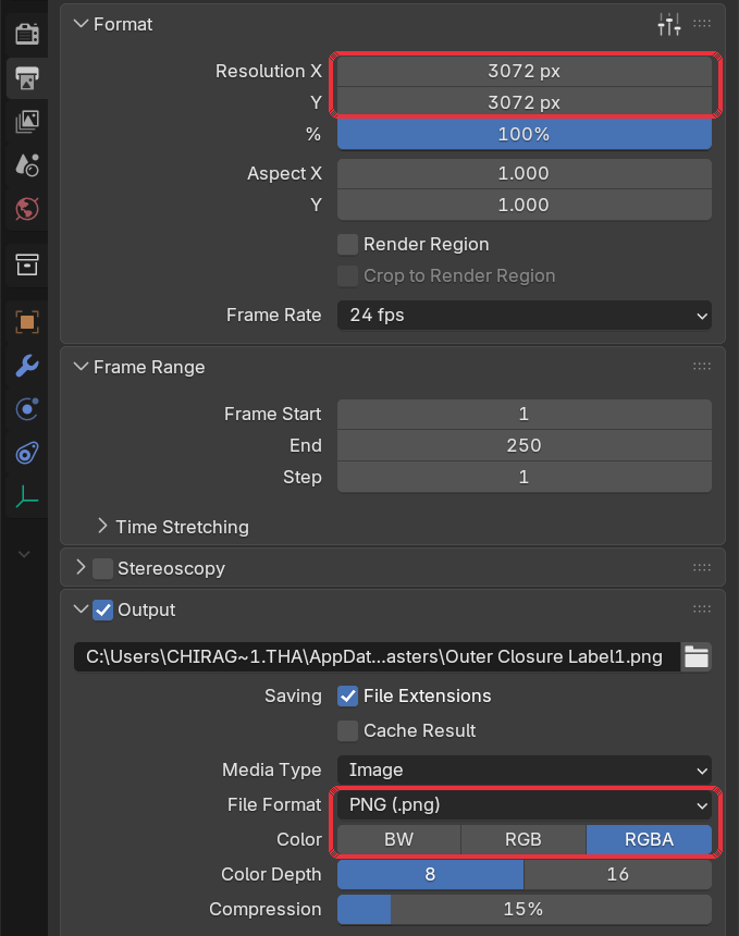 Blender Output Properties with 3072 by 3072 resolution and PNG RGBA output