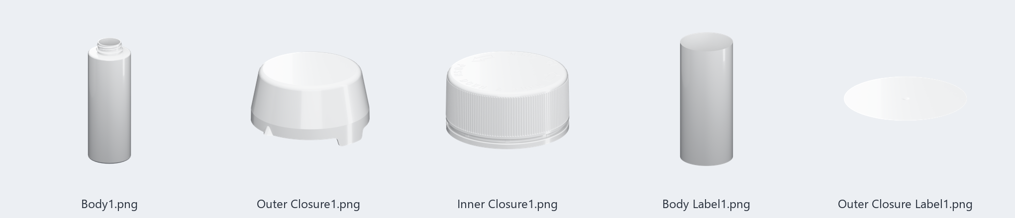 The five part images of the reference bottle: Body1, Outer Closure1, Inner Closure1, Body Label1, Outer Closure Label1