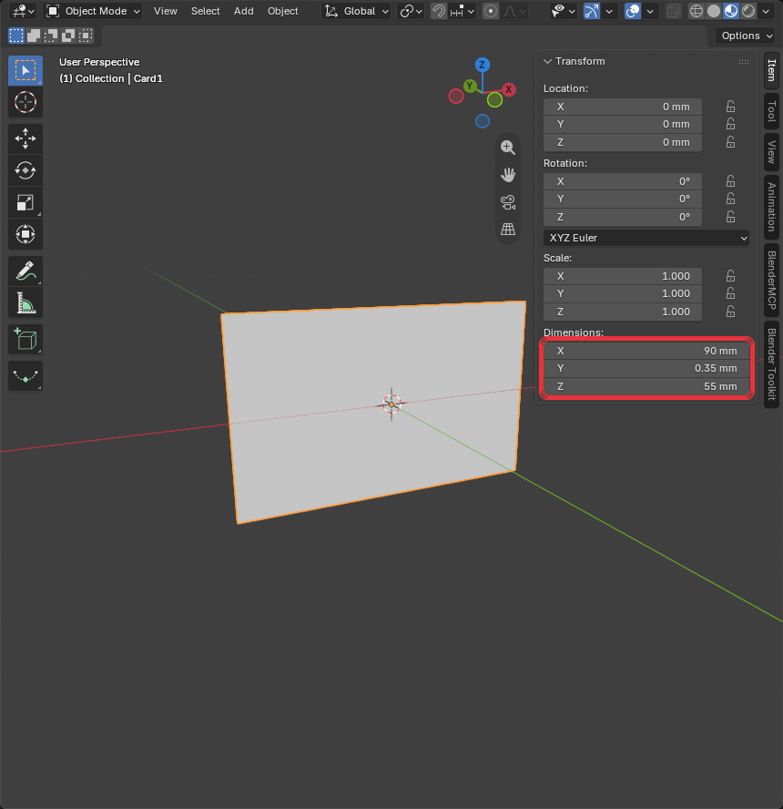 Business card in Blender with the Item panel showing 90 by 0.35 by 55 mm