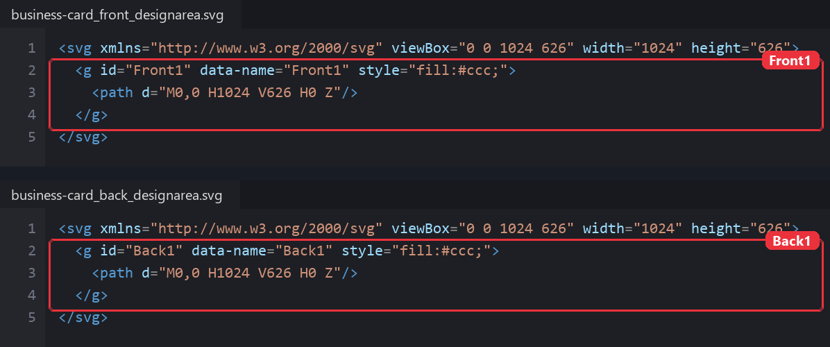 Source of the front and back design-area SVGs, each 1024 by 626 with one group named Front1 or Back1