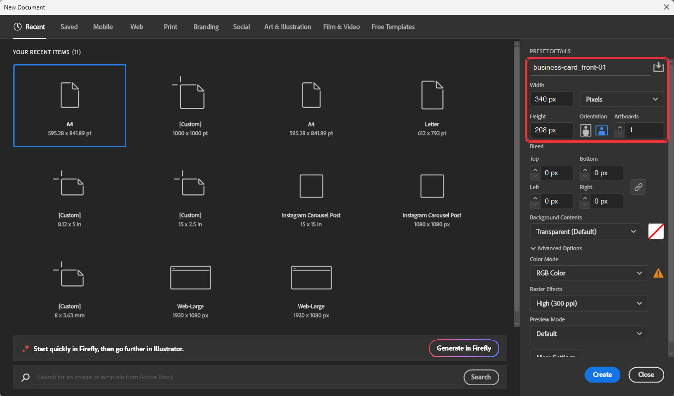 Illustrator New Document dialog set to business-card_front-01, 340 by 208 pixels, RGB