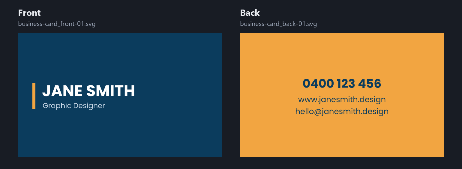 Business card front template in navy with a name and back template in orange with contact details