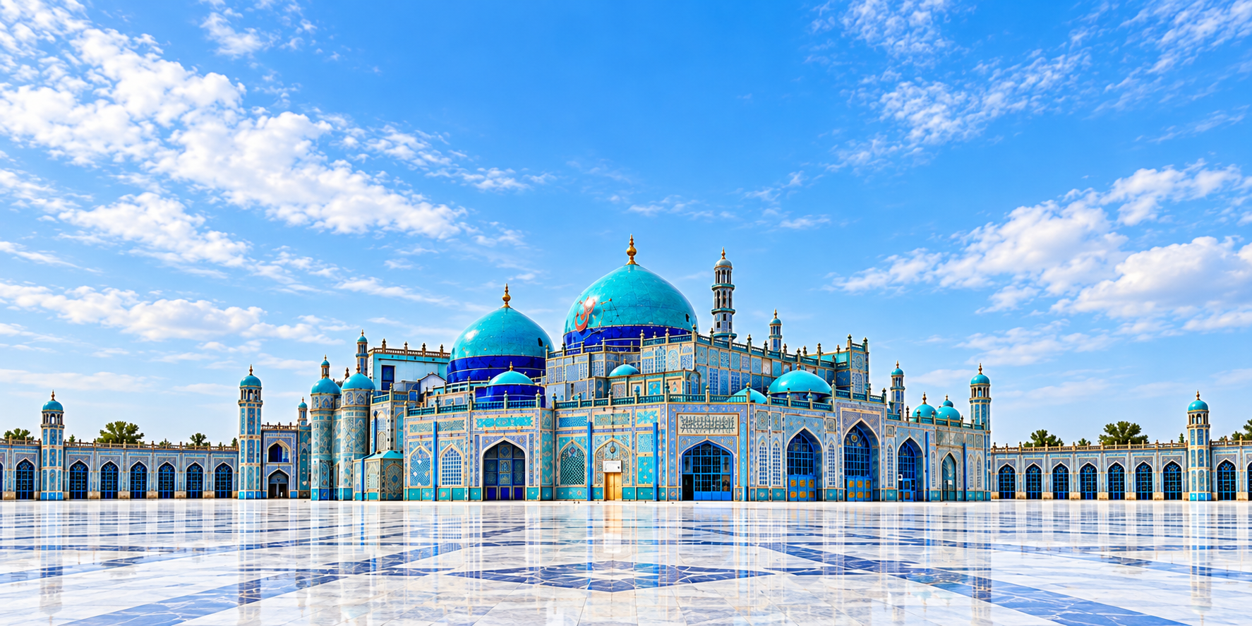 Blue-tiled mosque with minarets under a bright sky